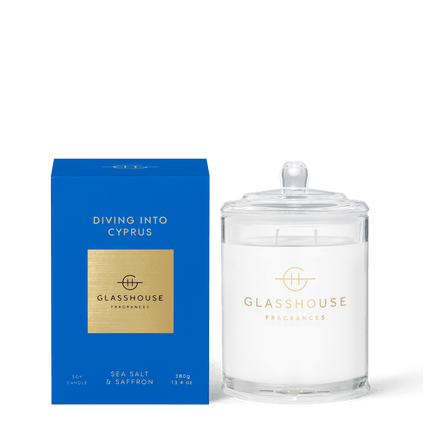 Glasshouse Candle Diving into Cyprus Sea Salt Saffron - Lillianna Gifts Australia