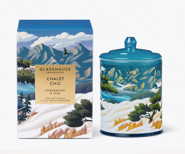 Glasshouse Chalet Chic - Amberwood & Oud 380g Triple Scented Soy Candle - Lillianna Gifts Australia