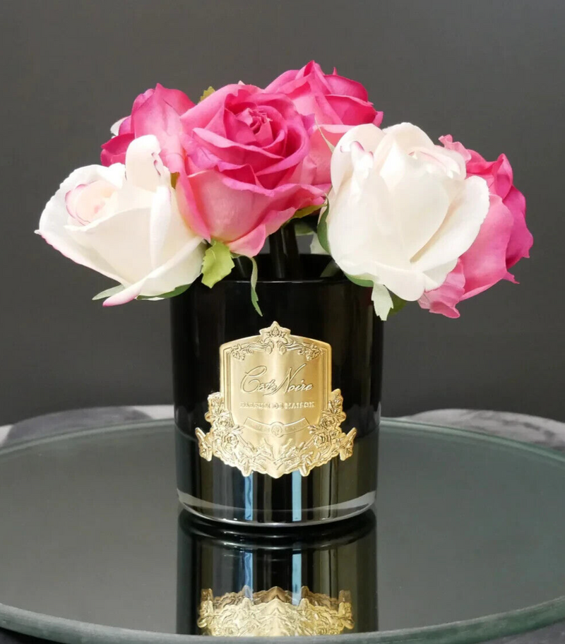 Cote Noire Perfumed Diffuser - Mixed Magenta & Blush Rose Buds- Clear Vase and Black Vase, NEW - Lillianna Gifts Australia