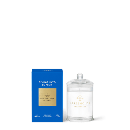 Glasshouse Candle Diving into Cyprus Sea Salt Saffron - Lillianna Gifts Australia