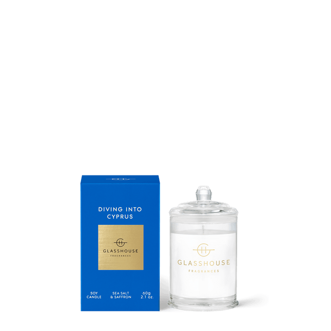 Glasshouse Candle Diving into Cyprus Sea Salt Saffron - Lillianna Gifts Australia