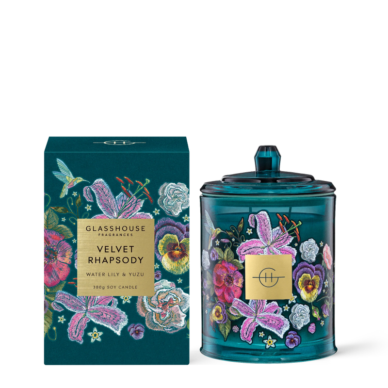 Glasshouse VELVET RHAPSODY WATER LILY & YUZU 380g Triple Scented Soy Candle - Lillianna Gifts Australia