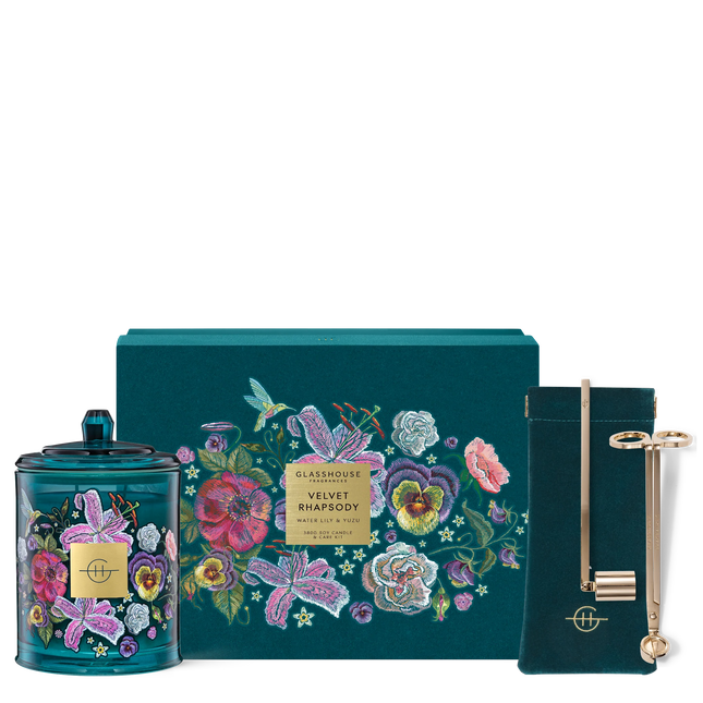 Glasshouse VELVET RHAPSODY WATER LILY & YUZU Candle Care Set - Lillianna Gifts Australia