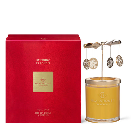 GLASSHOUSE SPINNING CAROUSEL FRAGRANCES A TAHAA AFFAIR 380G SOY CANDLE - Lillianna Gifts Australia